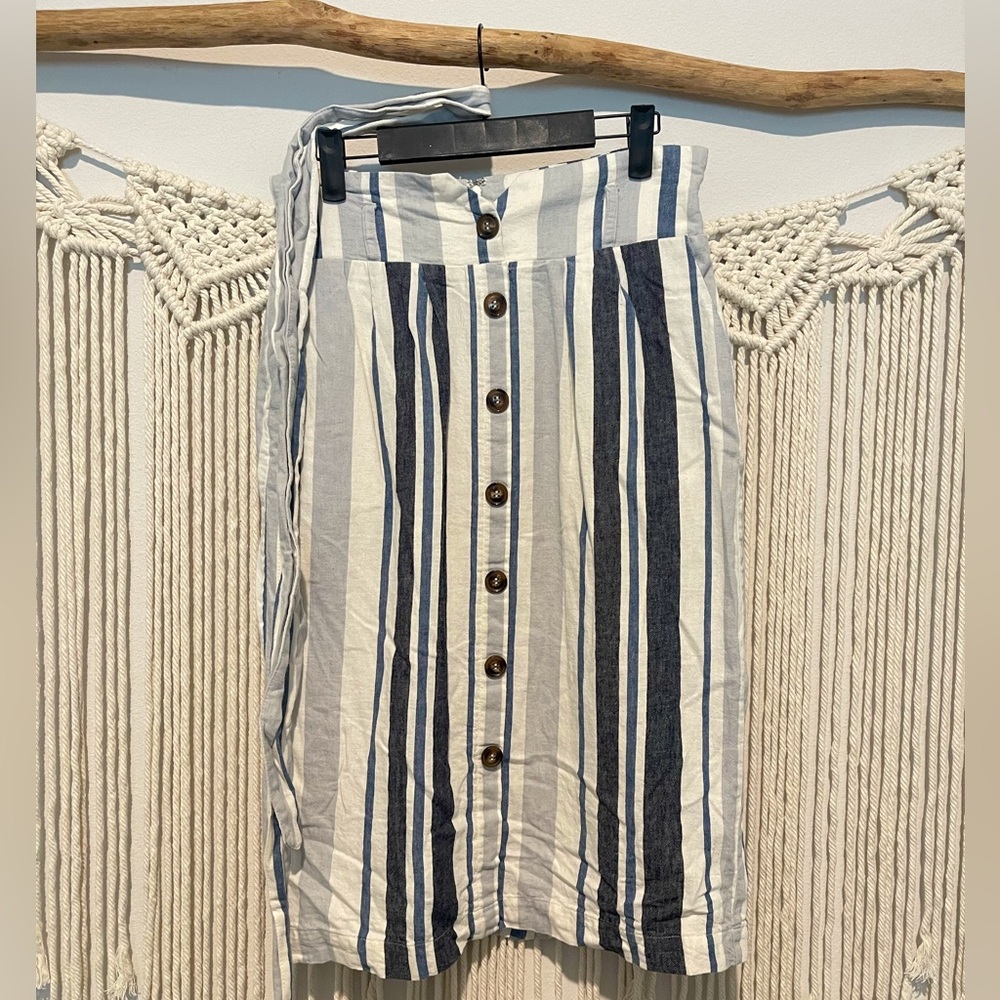 Forever 21 Contemporary Linen Blend Striped Pencil Skirt W/ Pockets & Belt Sz L